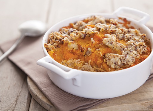 Gratin de potiron, confit de porc basque et crumble de fromage de chèvre