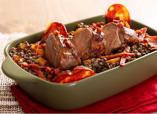 Filet mignon de porc, chorizo et lentilles